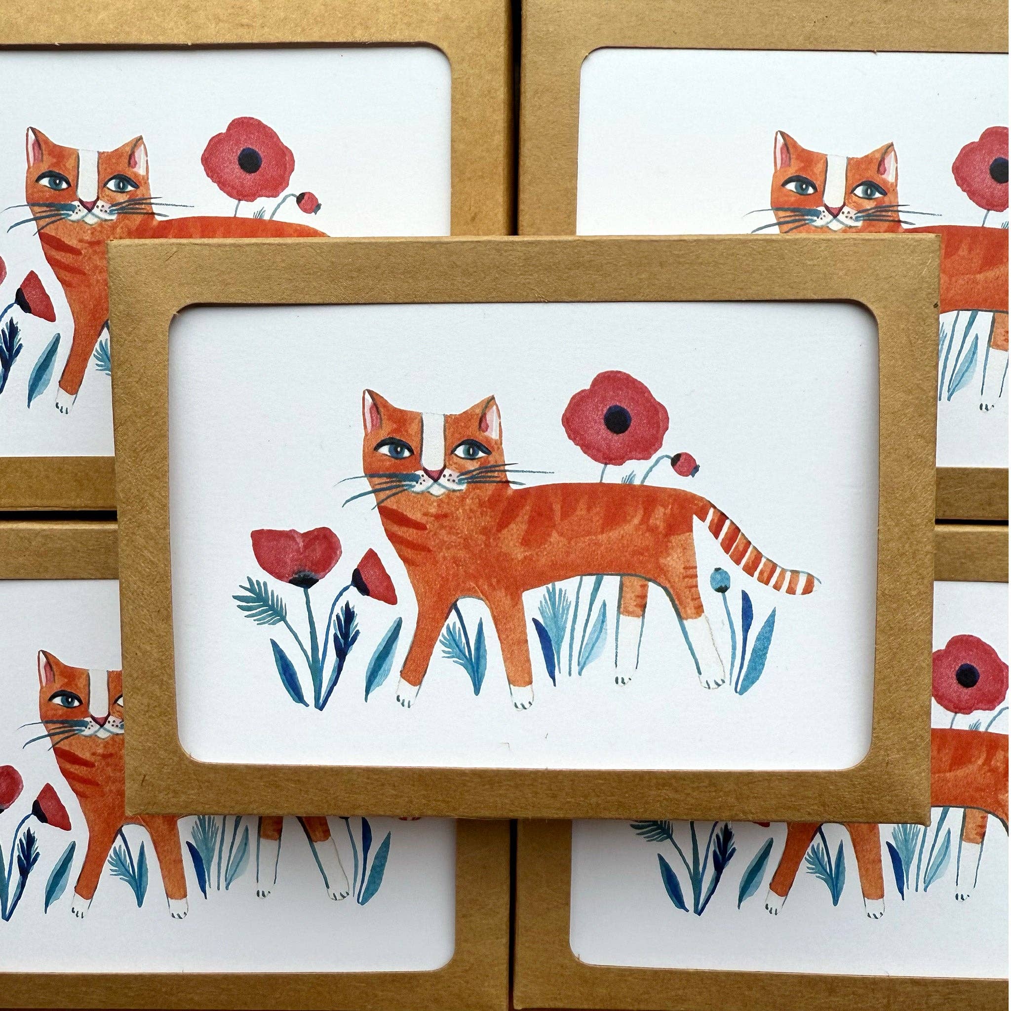 Orange Kitty with Poppies / Boxed Note Cards