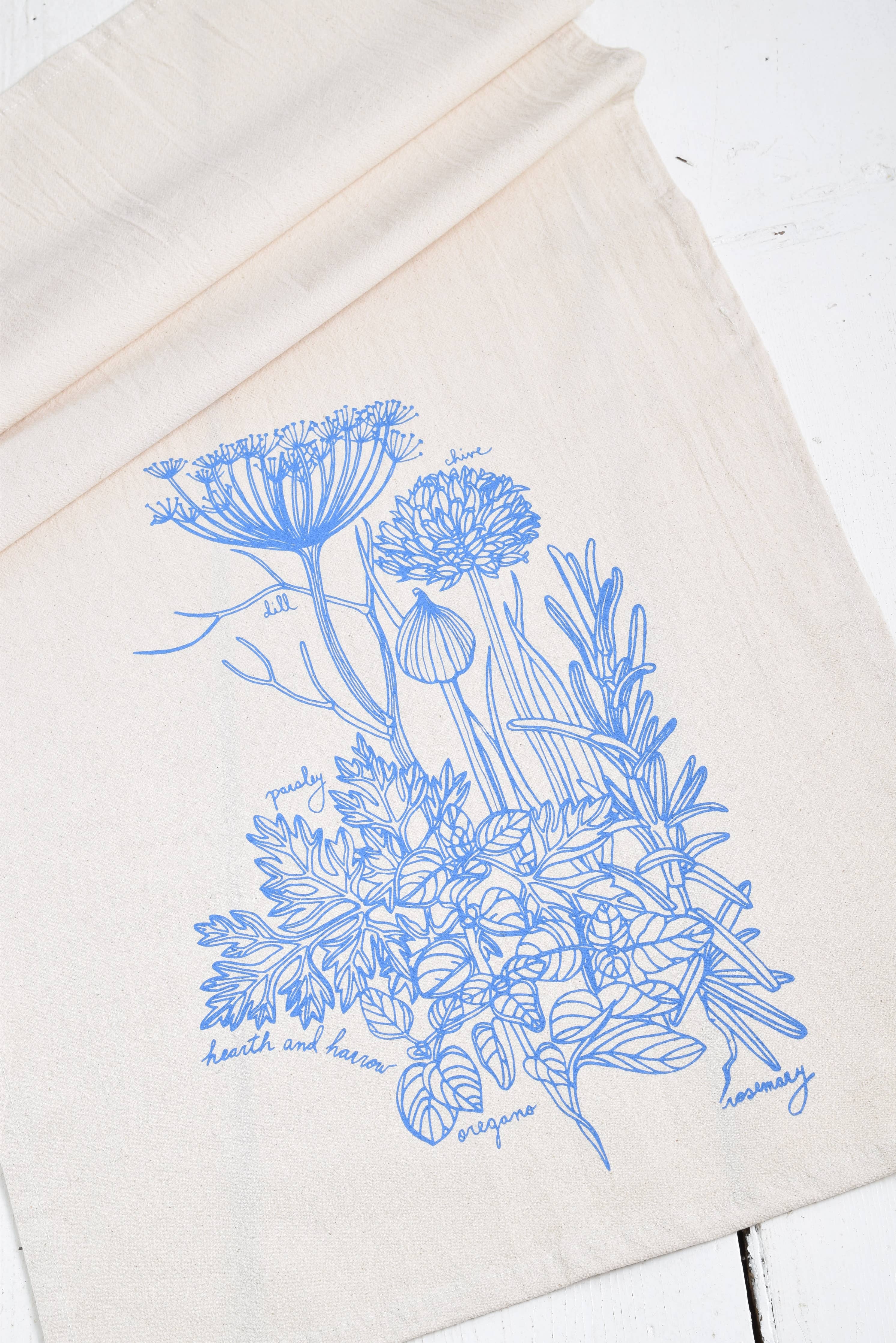 Kitchen Herbs Tea Towel in Blue-violet - Plant Print Cloth