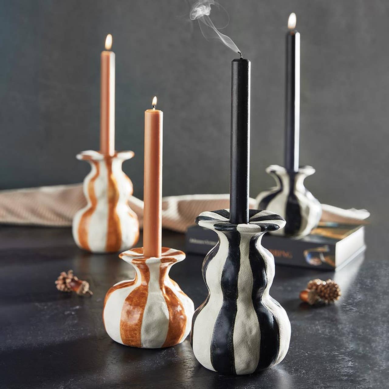 Black Striped Ceramic Candle Holder - Large