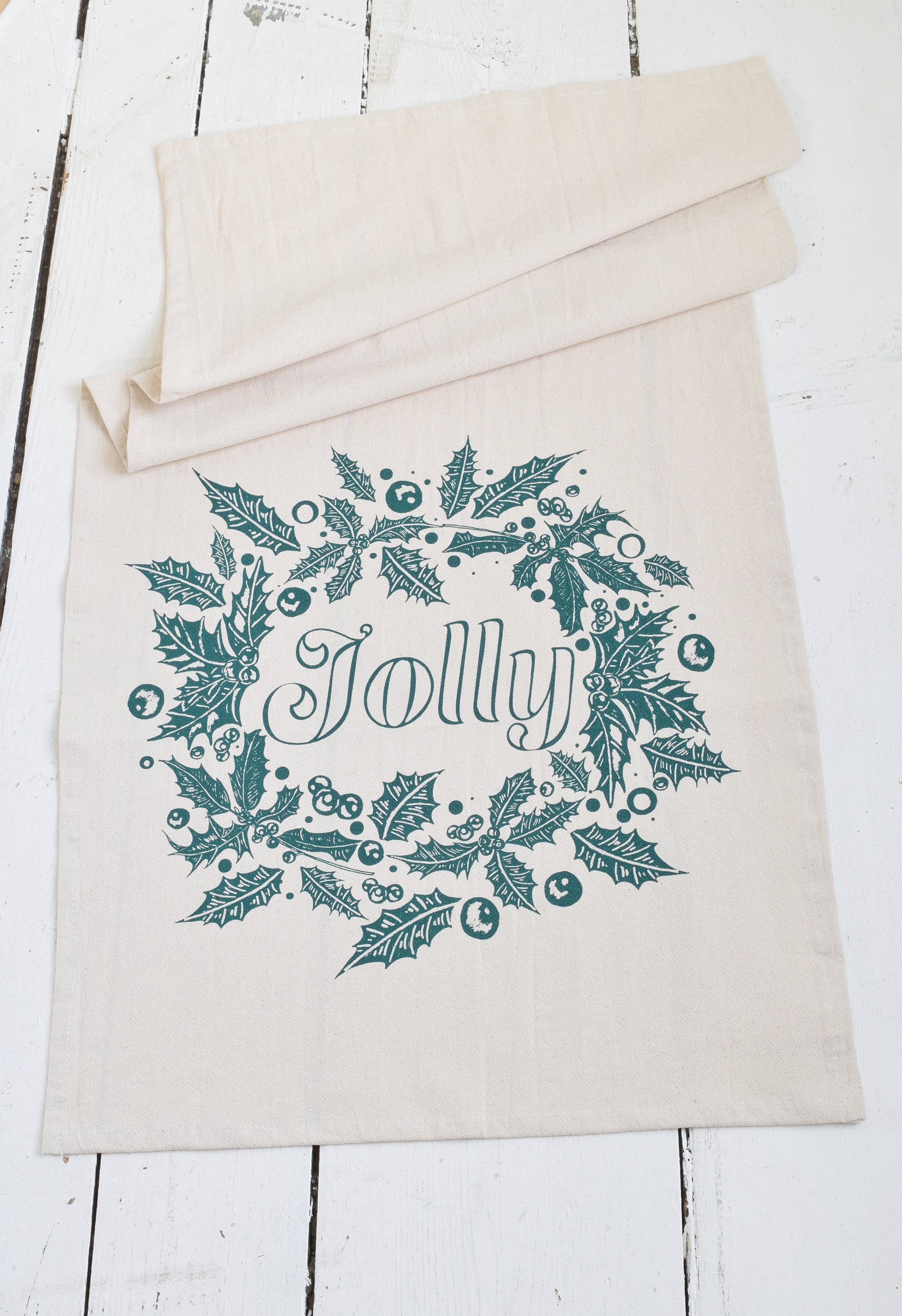 Holiday Tea Towel, Jolly in Dark Green, Organic Cotton
