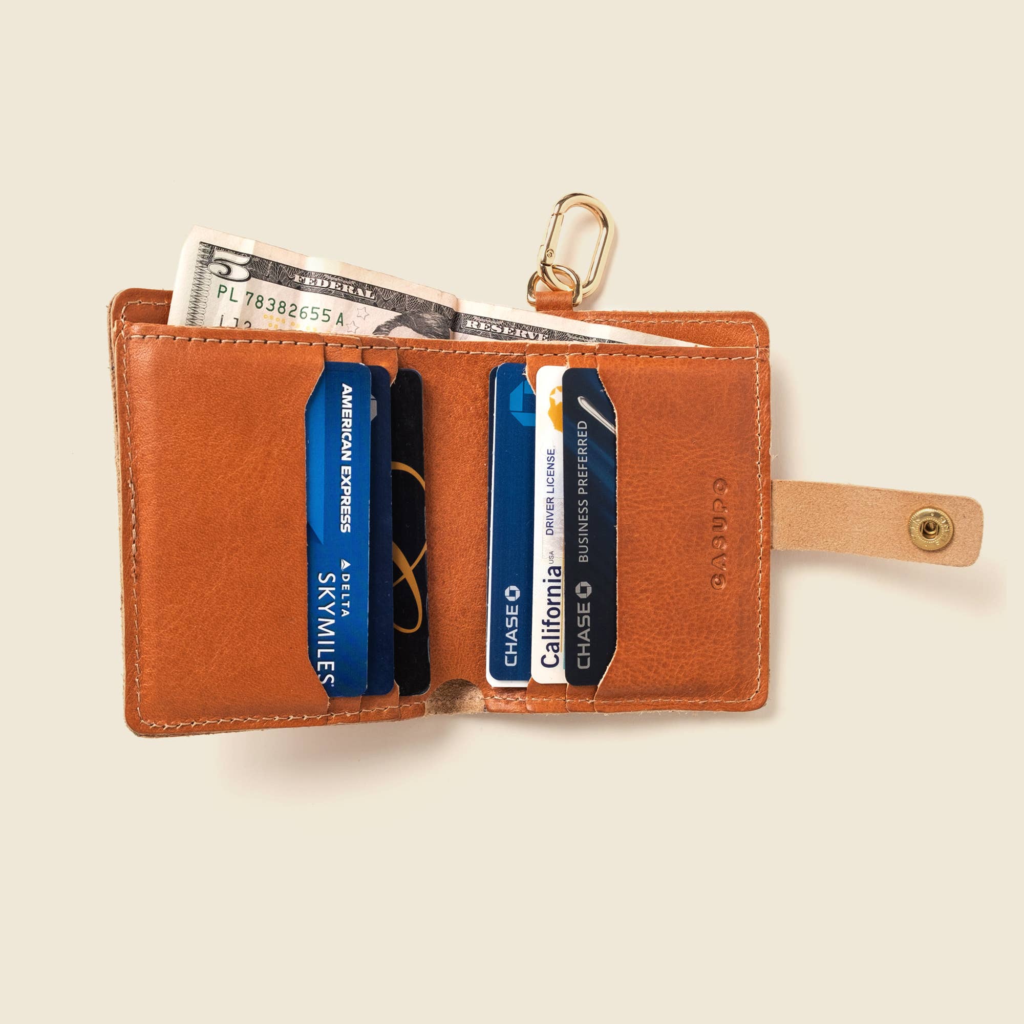 Snap Leather Wallet with key ring - Natural
