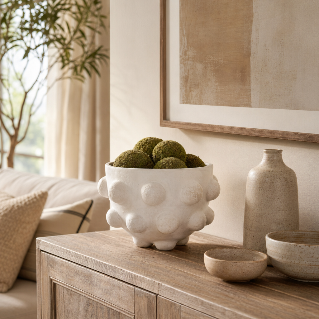 Decorative Bowl - White Ceramic Hobnail Exterior, 6 in.