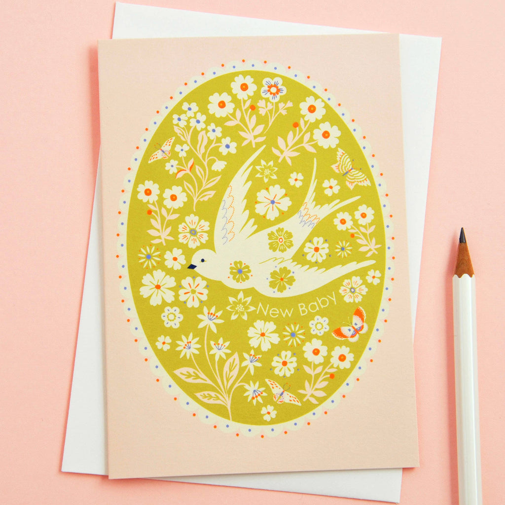 Pretty New Baby Floral & Bird Border Greetings Card