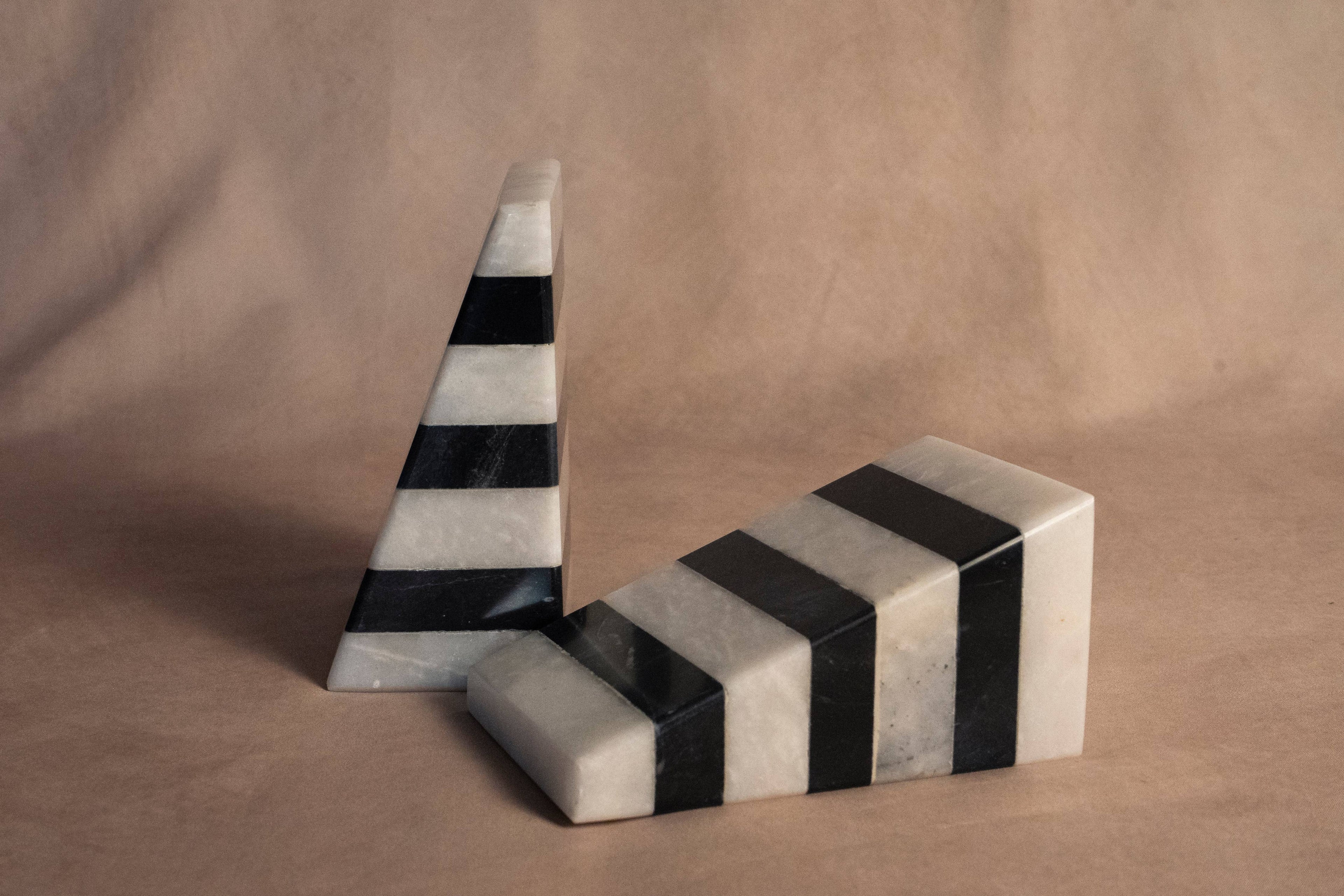 Statement Striped Black & White Bookends - Black and White Marble
