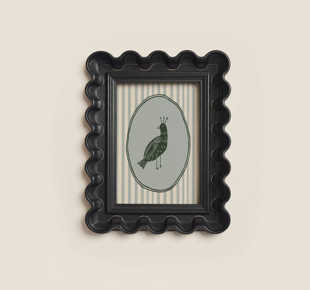 Folk Art Bird Print No. 03, Cream & Blue, Scandinavian Style
