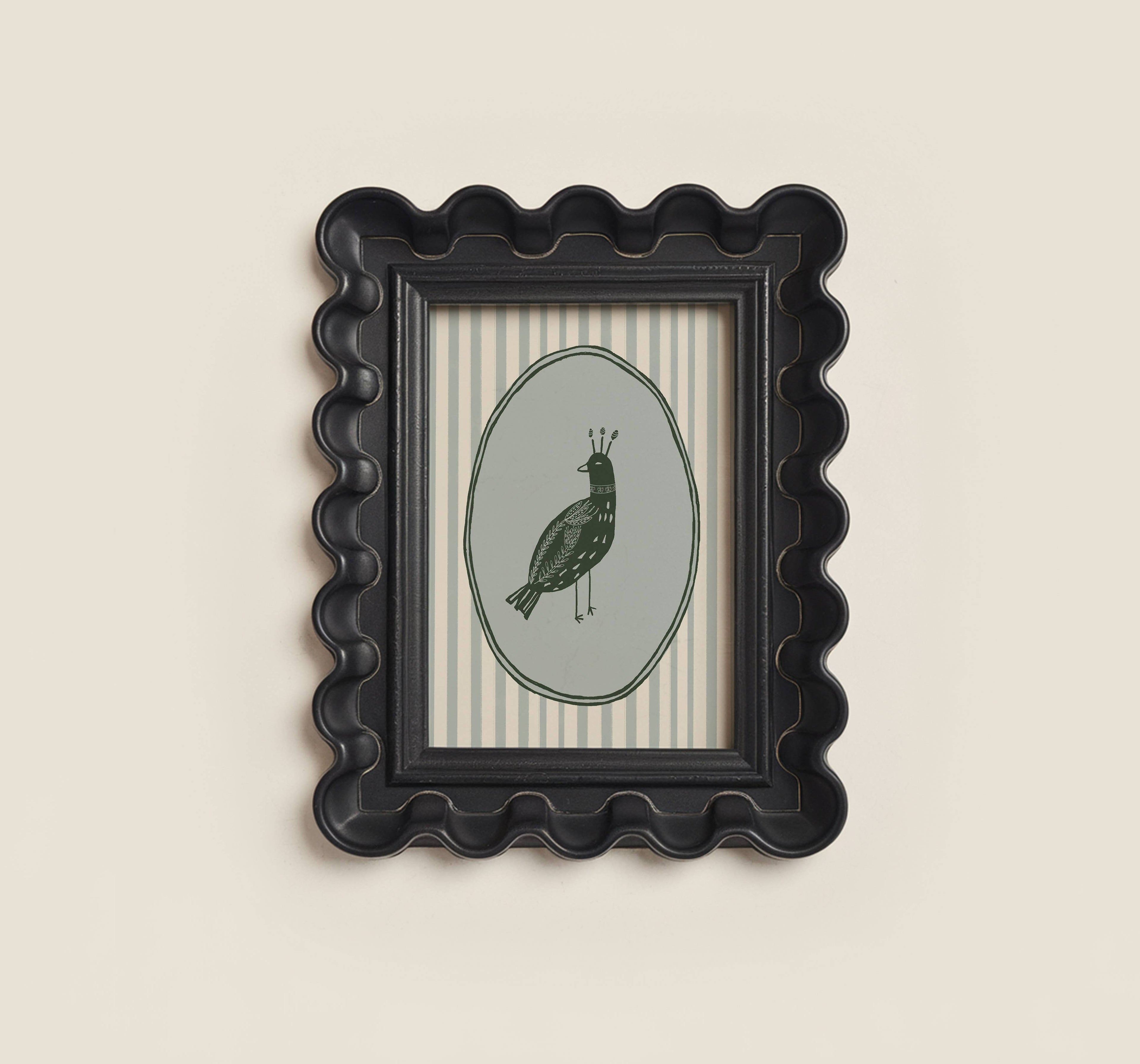 Folk Art Bird Print No. 03, Cream & Blue, Scandinavian Style