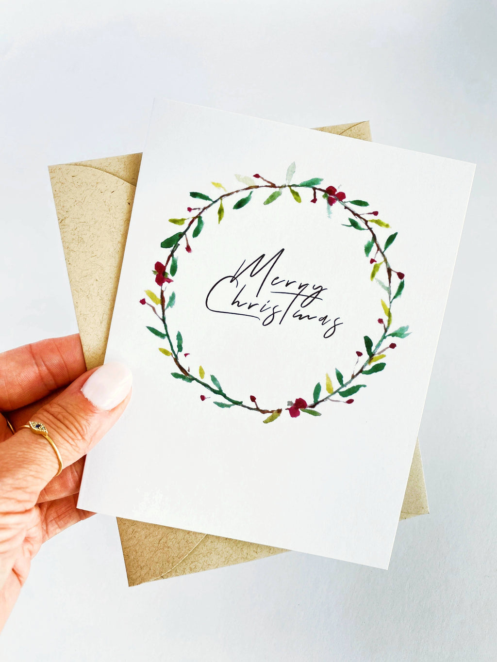 Merry Christmas Watercolor Wreath Holiday Card