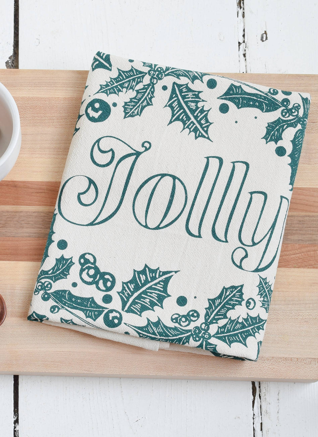 Holiday Tea Towel, Jolly in Dark Green, Organic Cotton