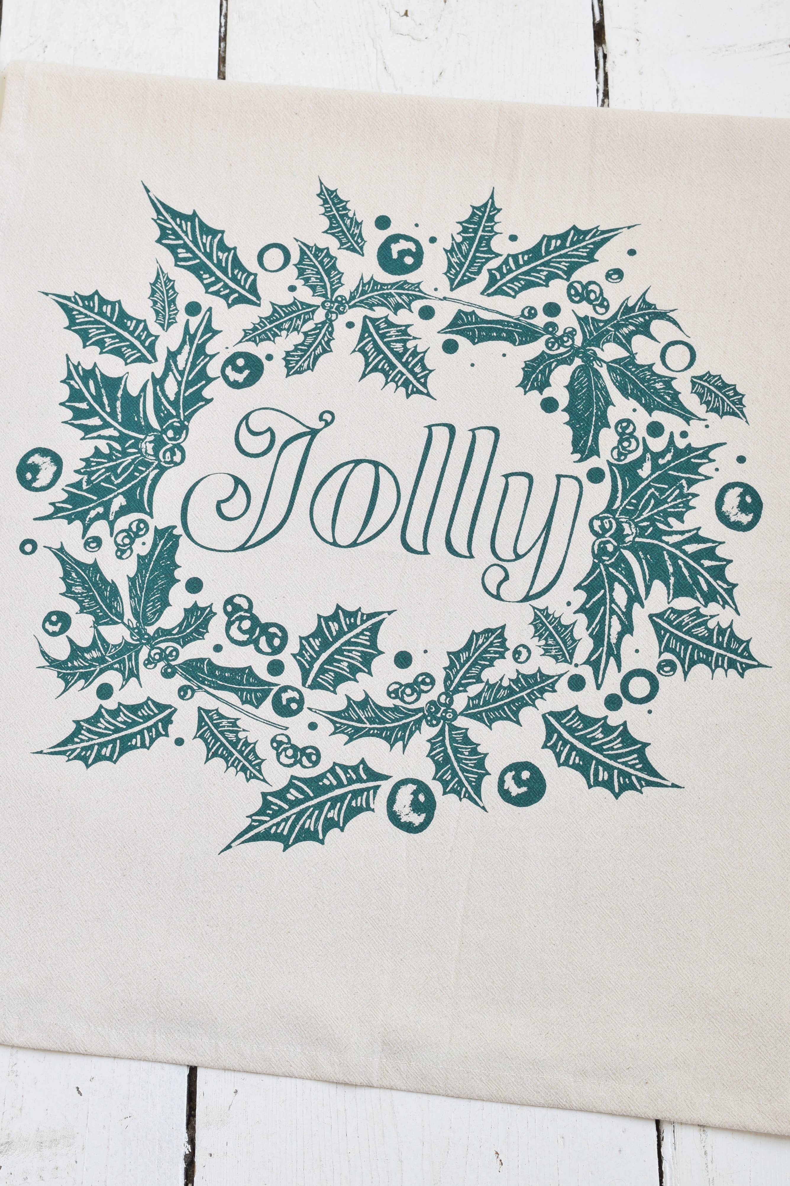 Holiday Tea Towel, Jolly in Dark Green, Organic Cotton