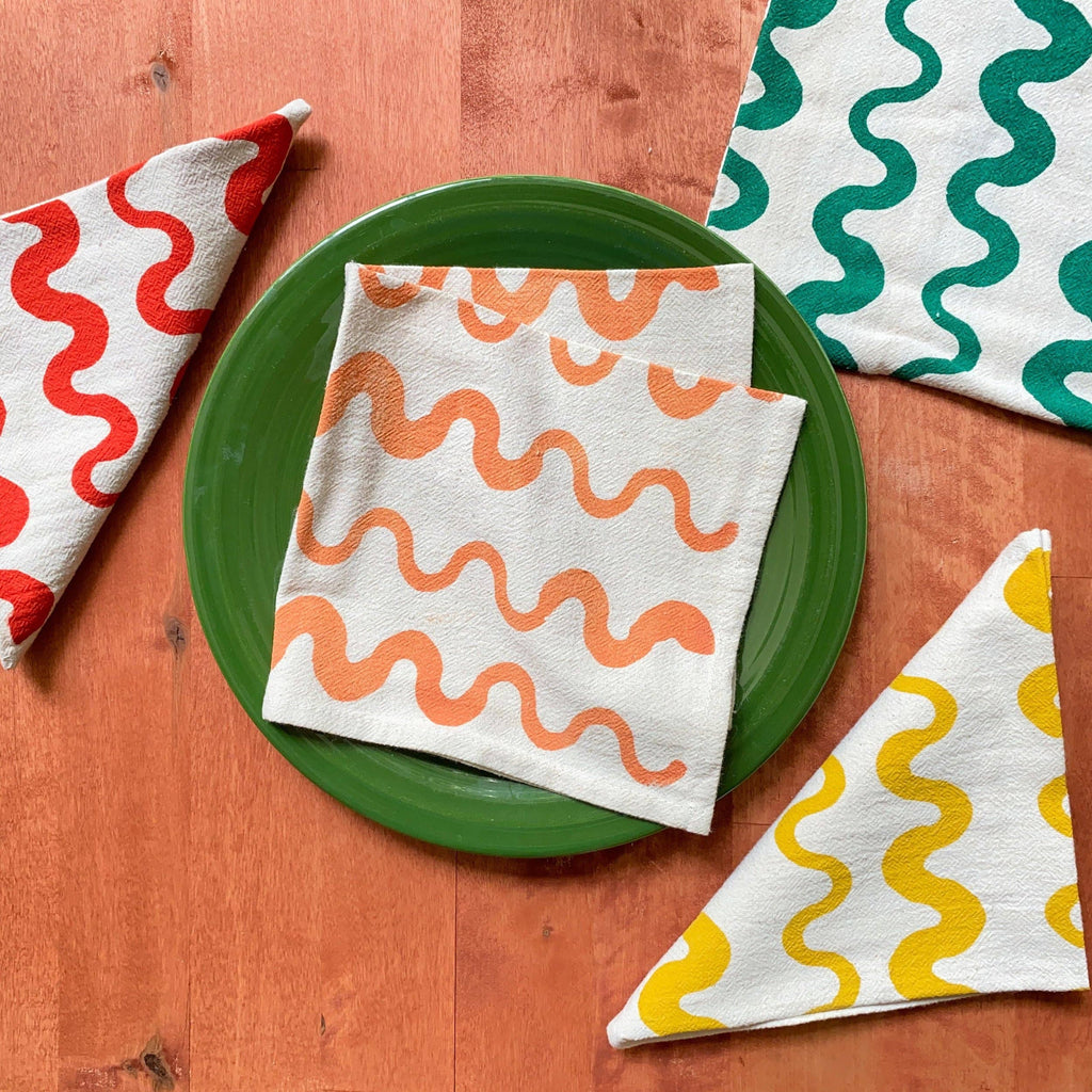 Wavy Stripes Hand Printed Cotton Napkins, Set of 4