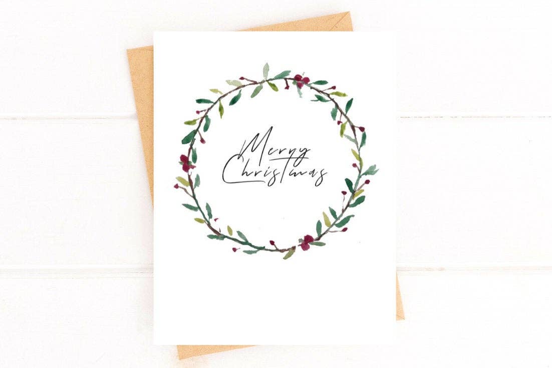 Merry Christmas Watercolor Wreath Holiday Card