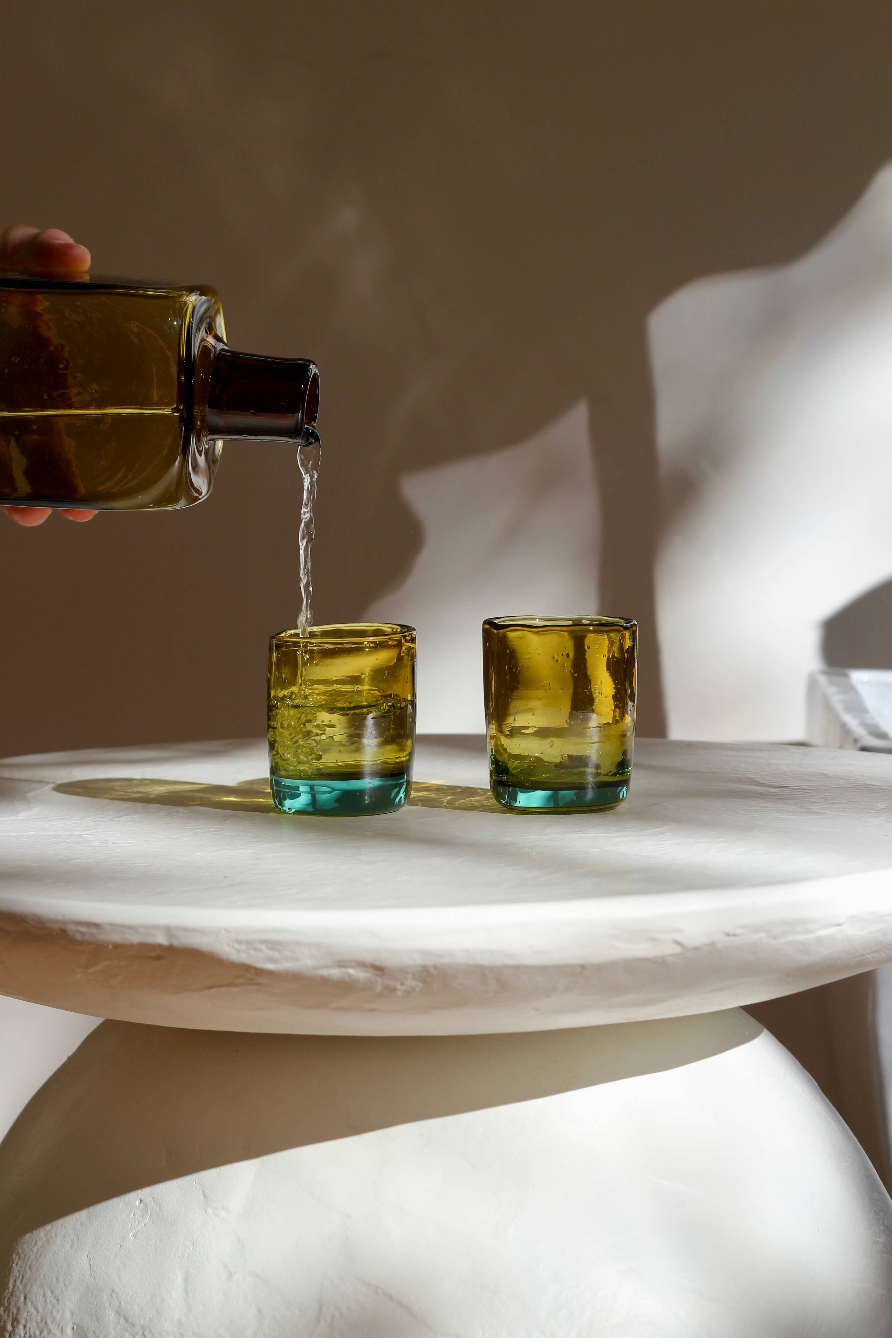Bedside Carafe Set in Aqua/Amber - Handblown, Recycled Glass