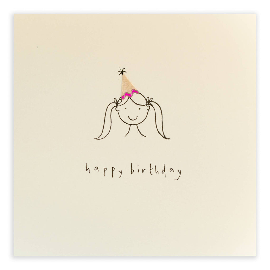 Birthday Hat Girl Card – Handfinished UK Real Pencil Shaving
