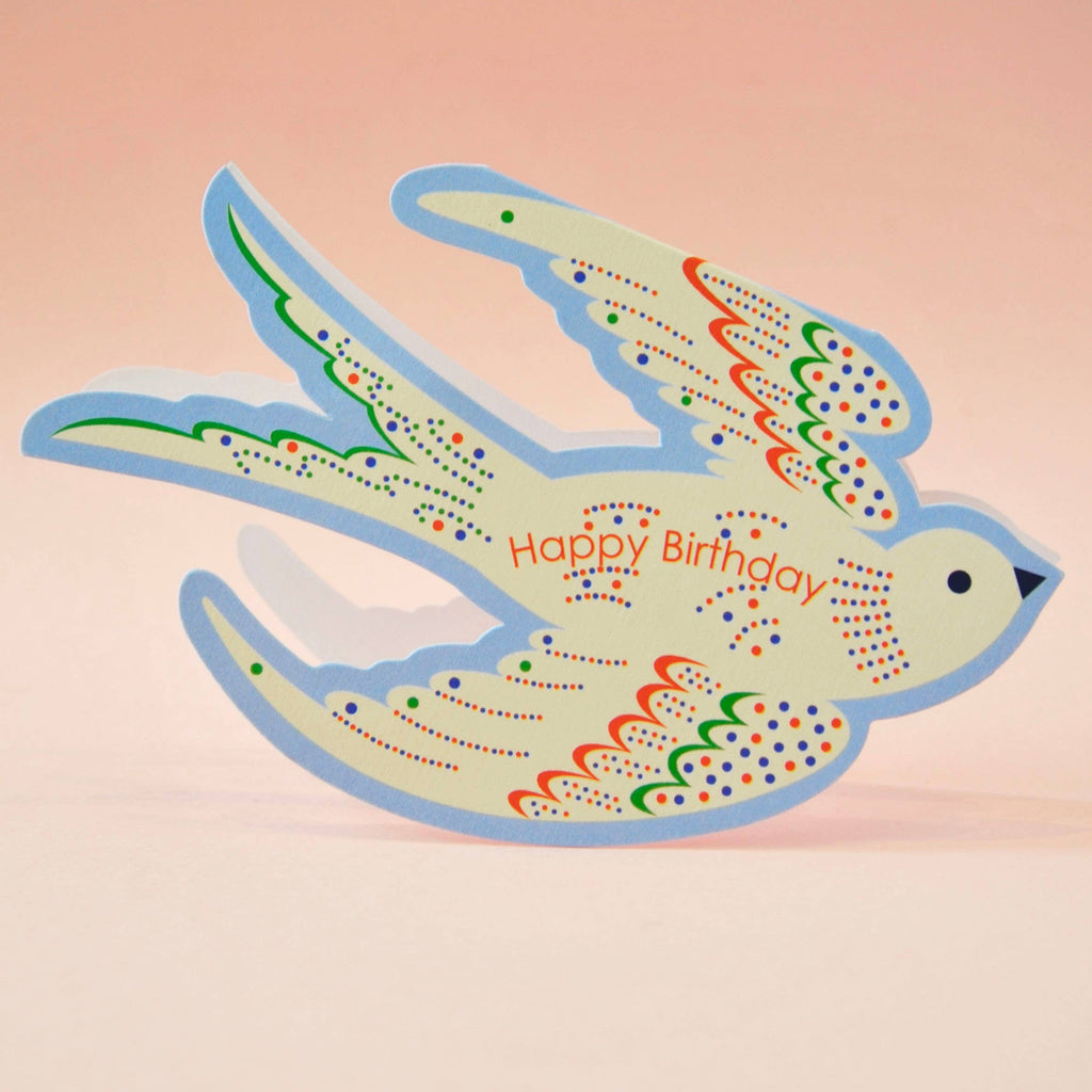 Whimsical Rocking Bird Happy Birthday - Blue Die Cut Card