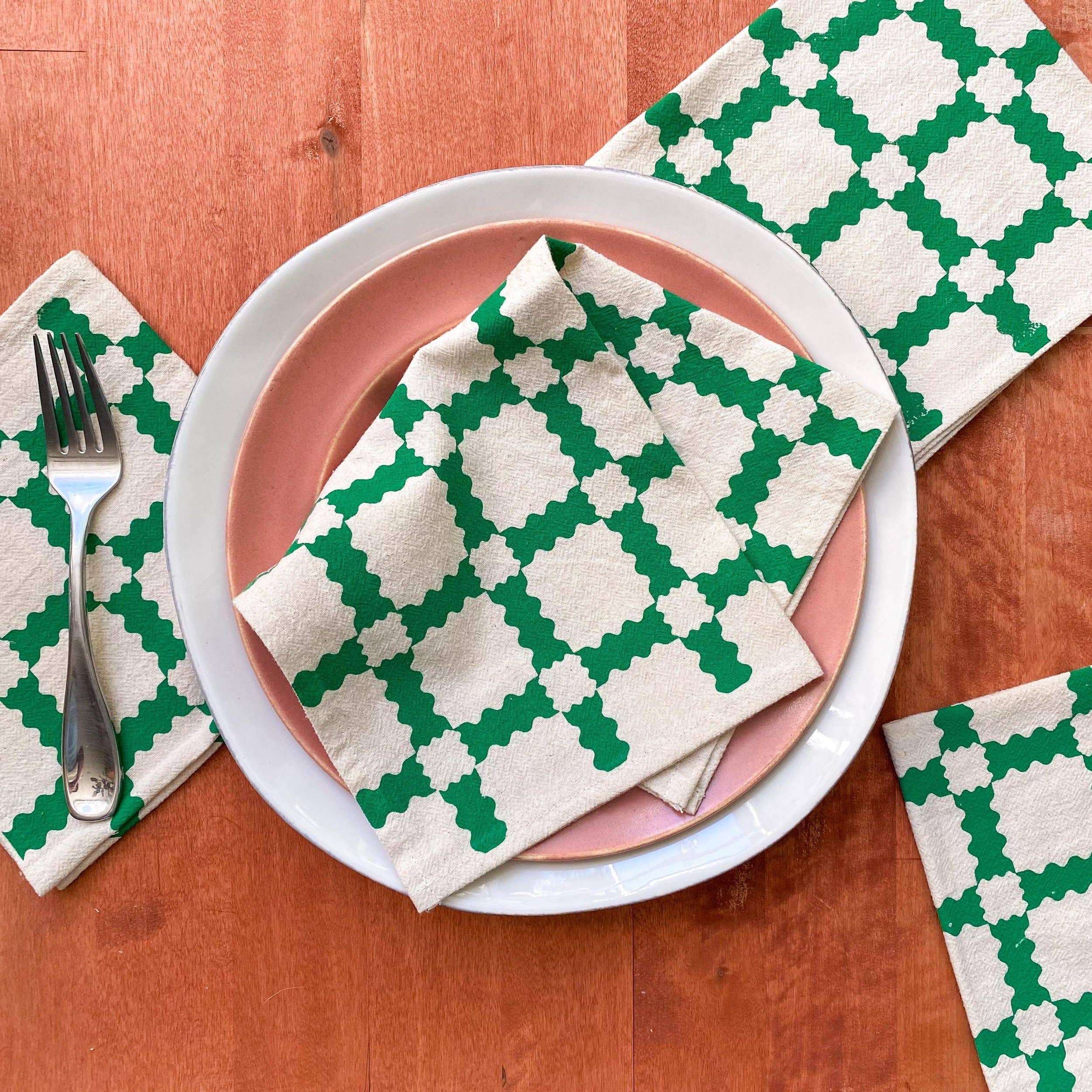 Green Party Time Plaid Hand Printed Cotton Napkins, Set of 4