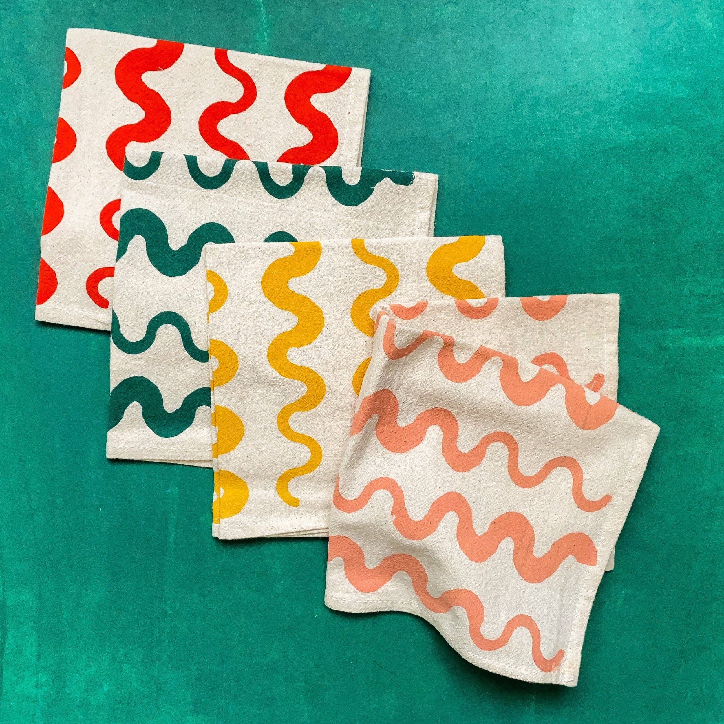 Wavy Stripes Hand Printed Cotton Napkins, Set of 4