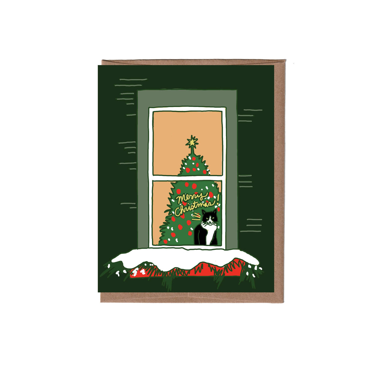Cat in Window Christmas Greeting Card - Solo