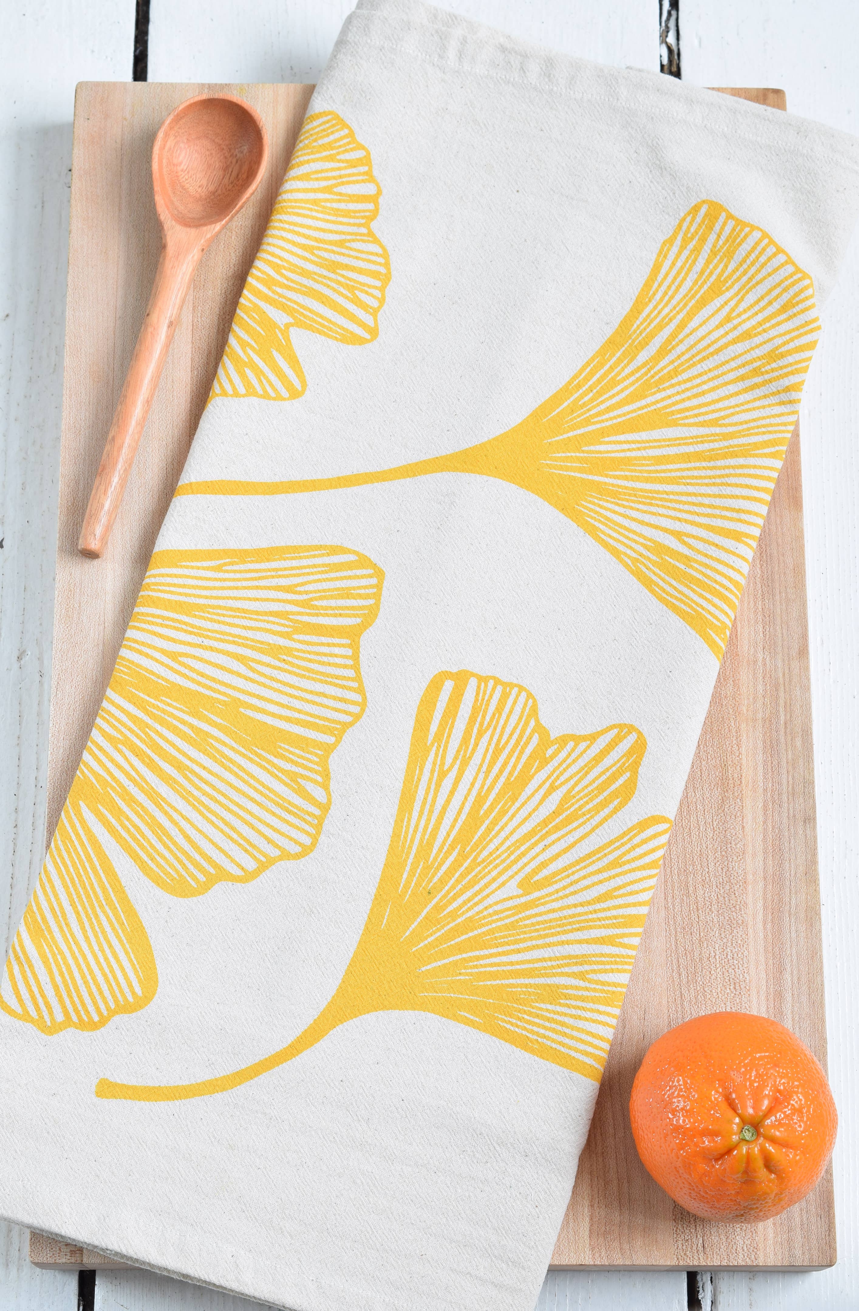 Ginkgo Leaf Tea Towel in Yellow - Organic Cotton - Natural