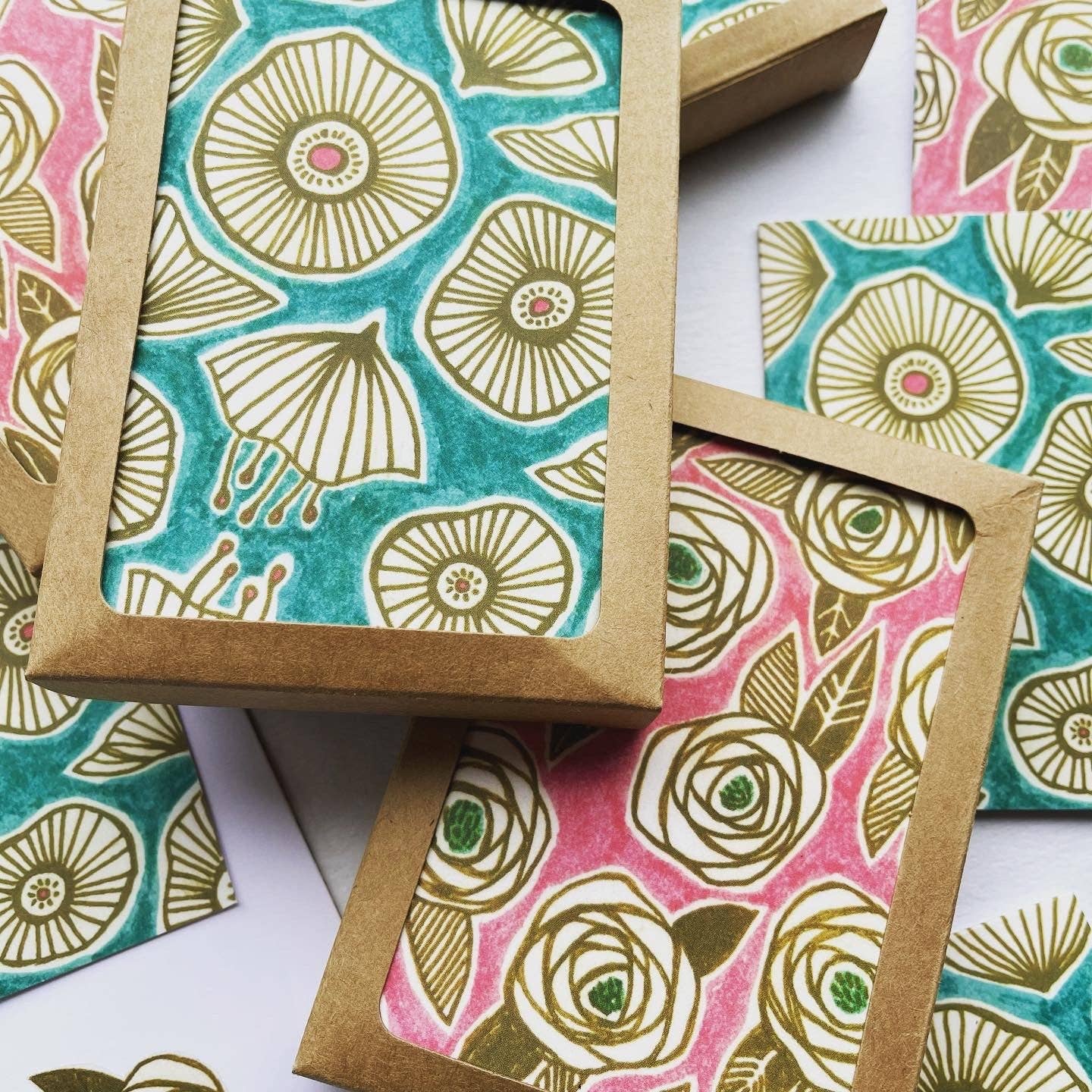 Gold Roses on Pink / Boxed Note Cards