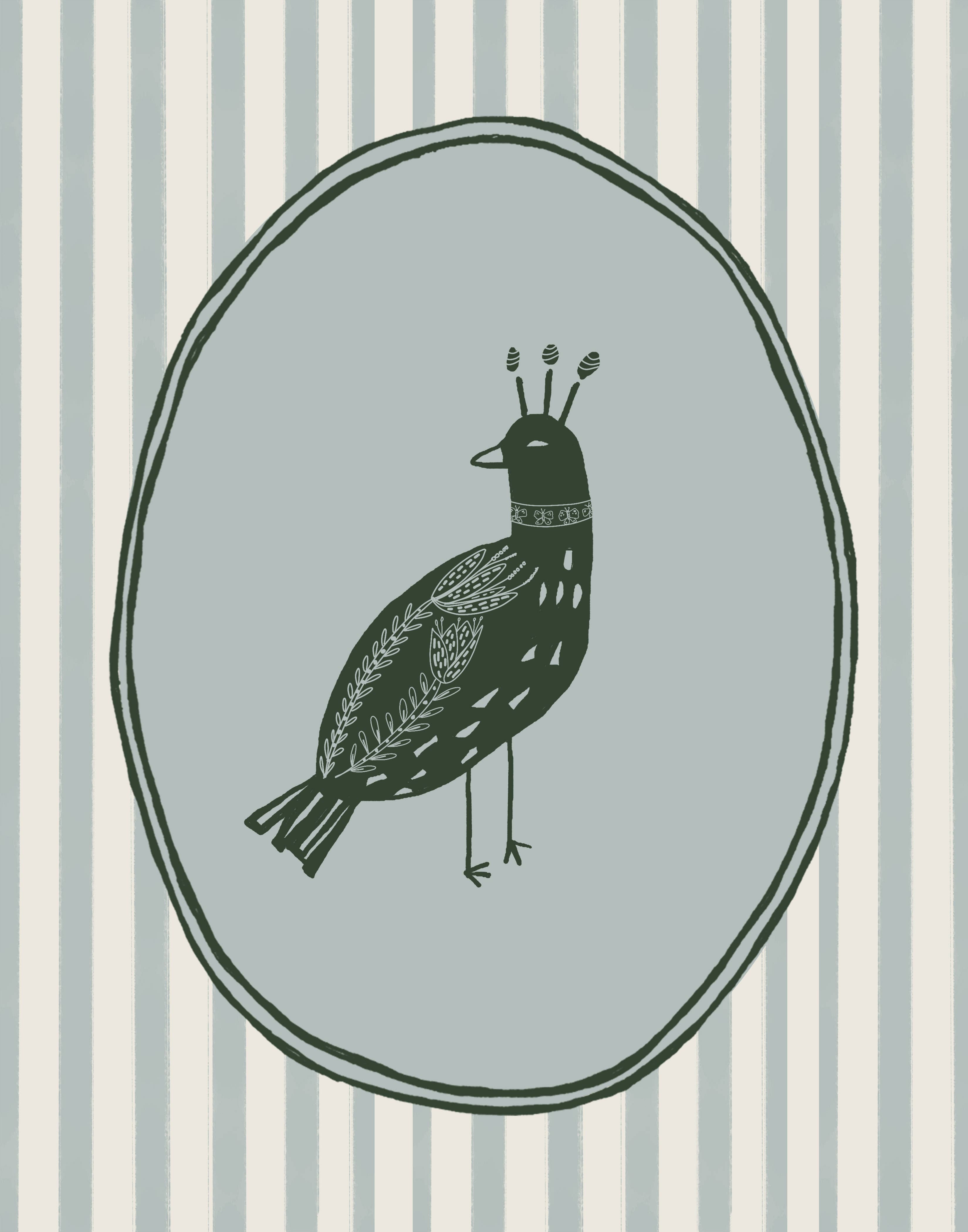 Folk Art Bird Print No. 03, Cream & Blue, Scandinavian Style