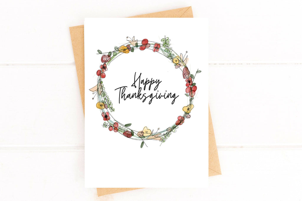 Happy Thanksgiving Watercolor Wreath Fall Greeting Card