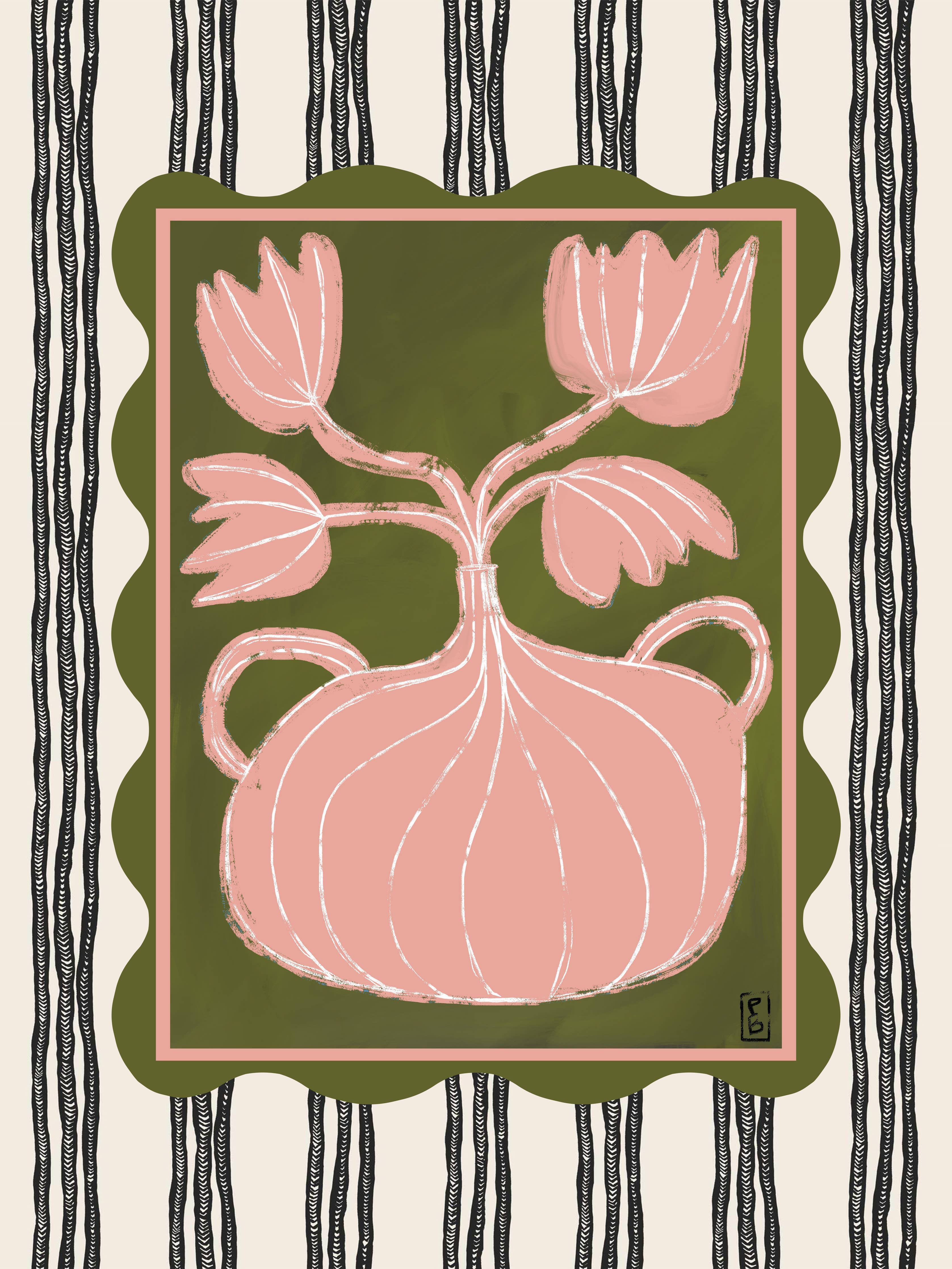 Striped Floral Still Life Art Print: Pink & Green Botanical