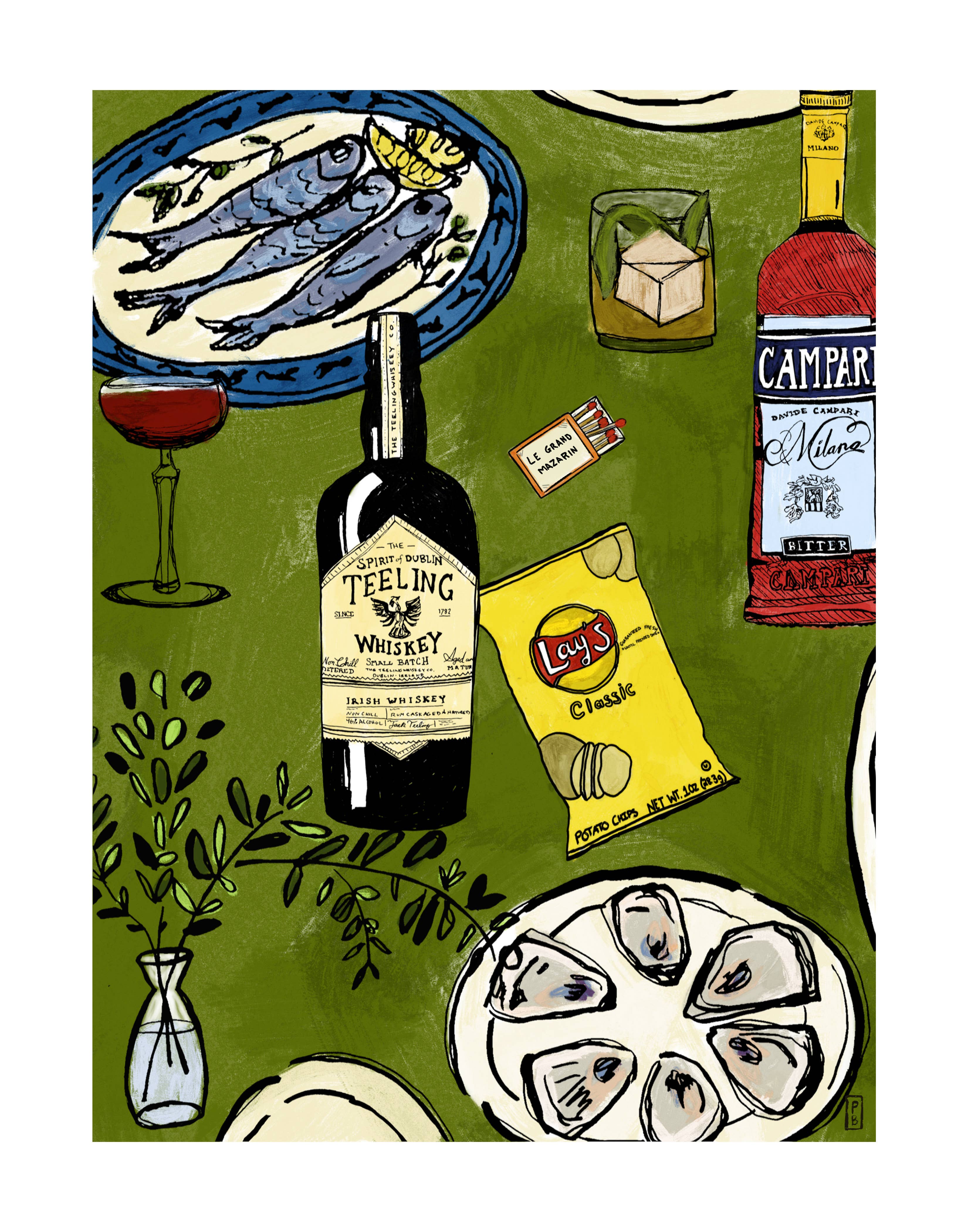 Chips and Whiskey Giclée Print: Vintage Foodie Kitchen Art