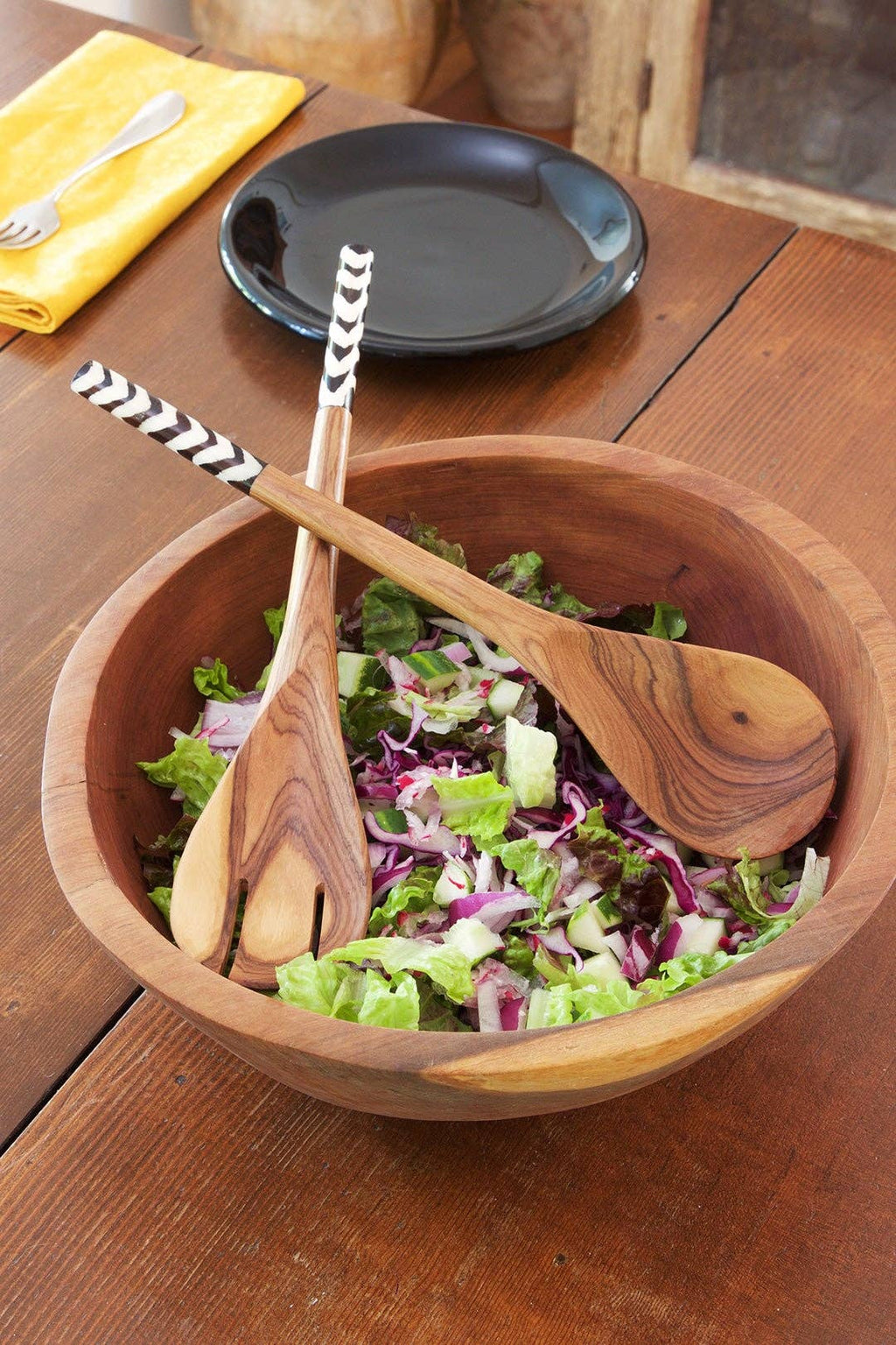 Kenyan Olive Wood and Batik Bone Simple Salad Servers