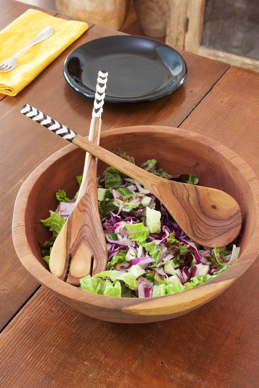 Kenyan Olive Wood and Batik Bone Simple Salad Servers
