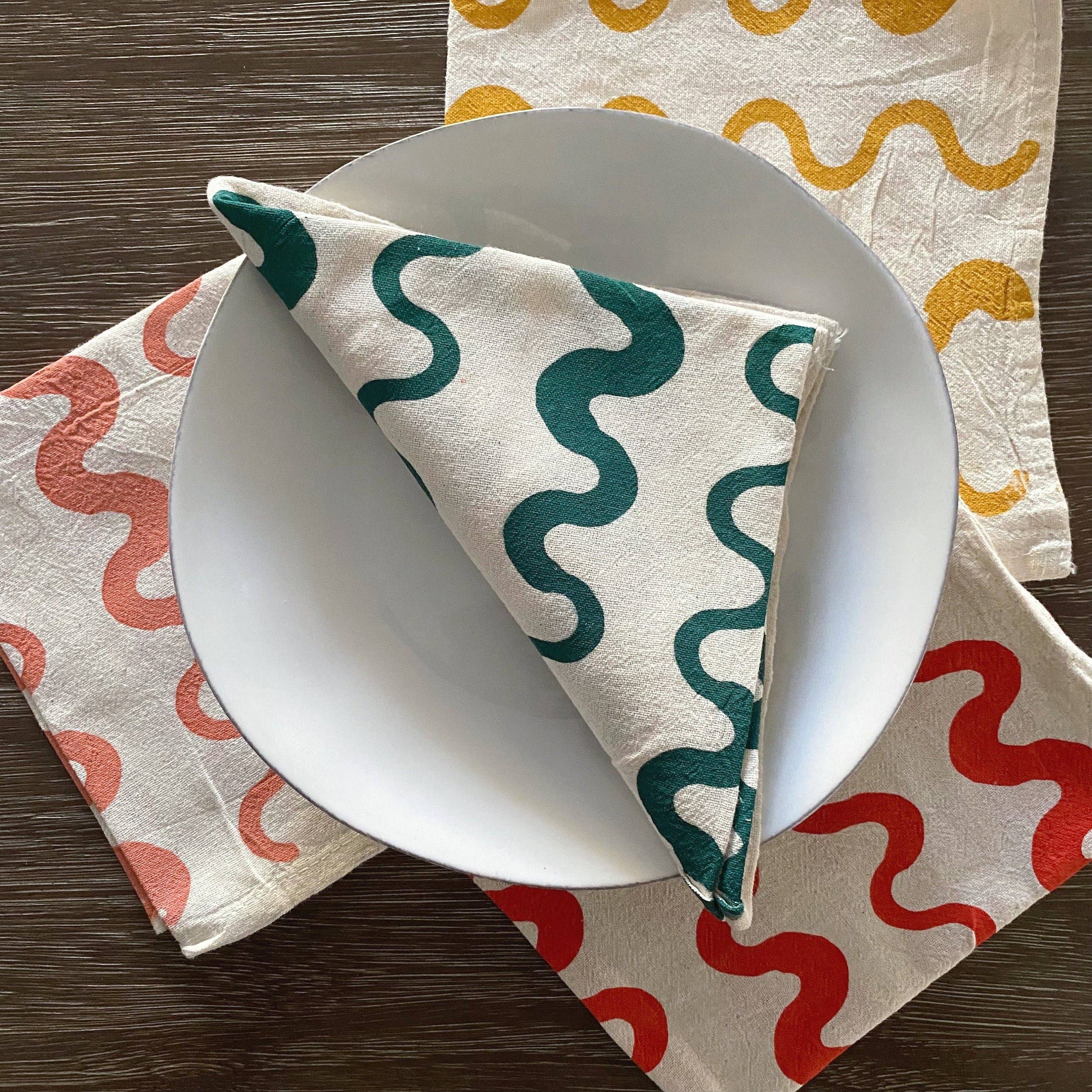 Wavy Stripes Hand Printed Cotton Napkins, Set of 4