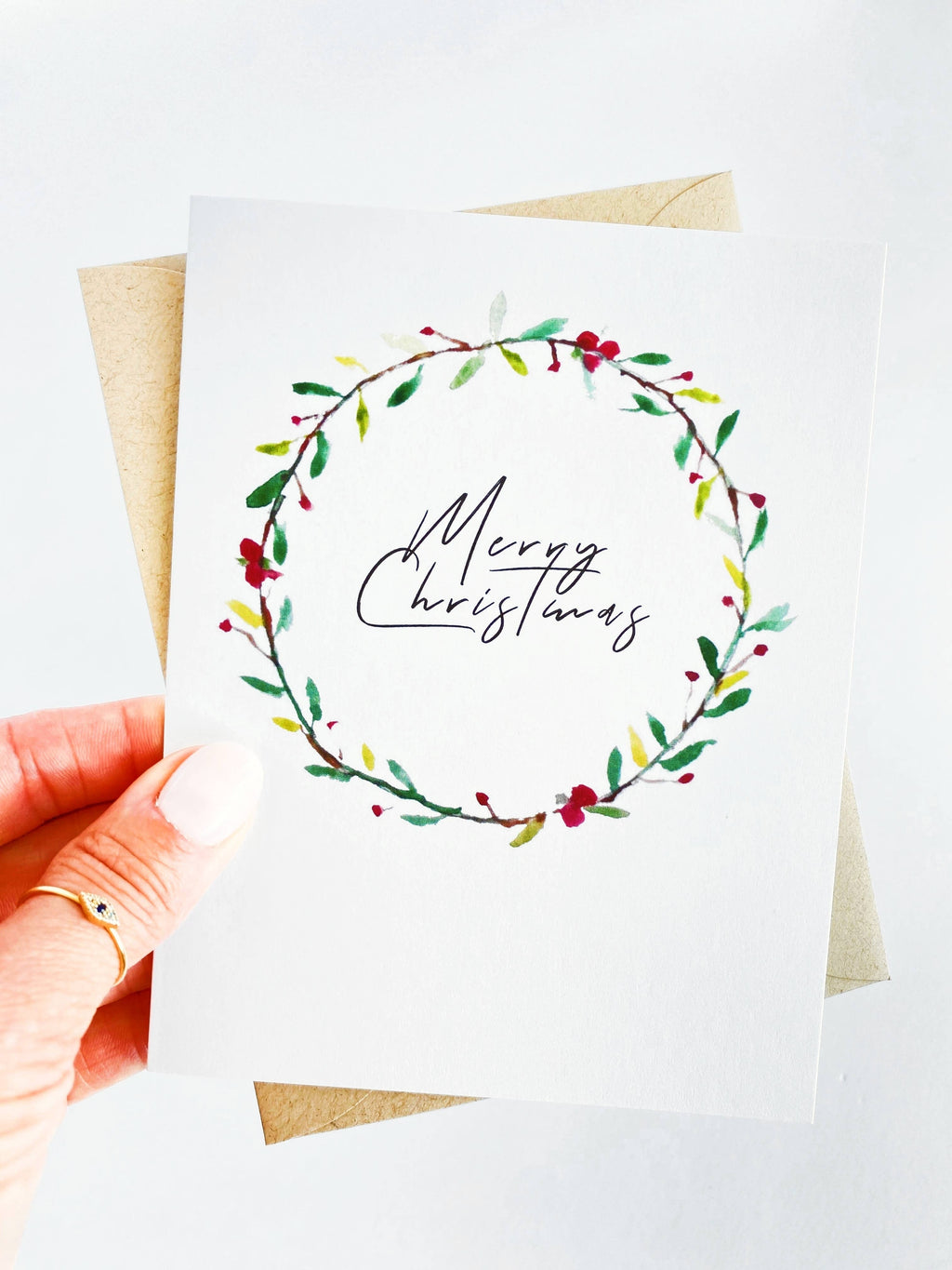 Merry Christmas Watercolor Wreath Holiday Card