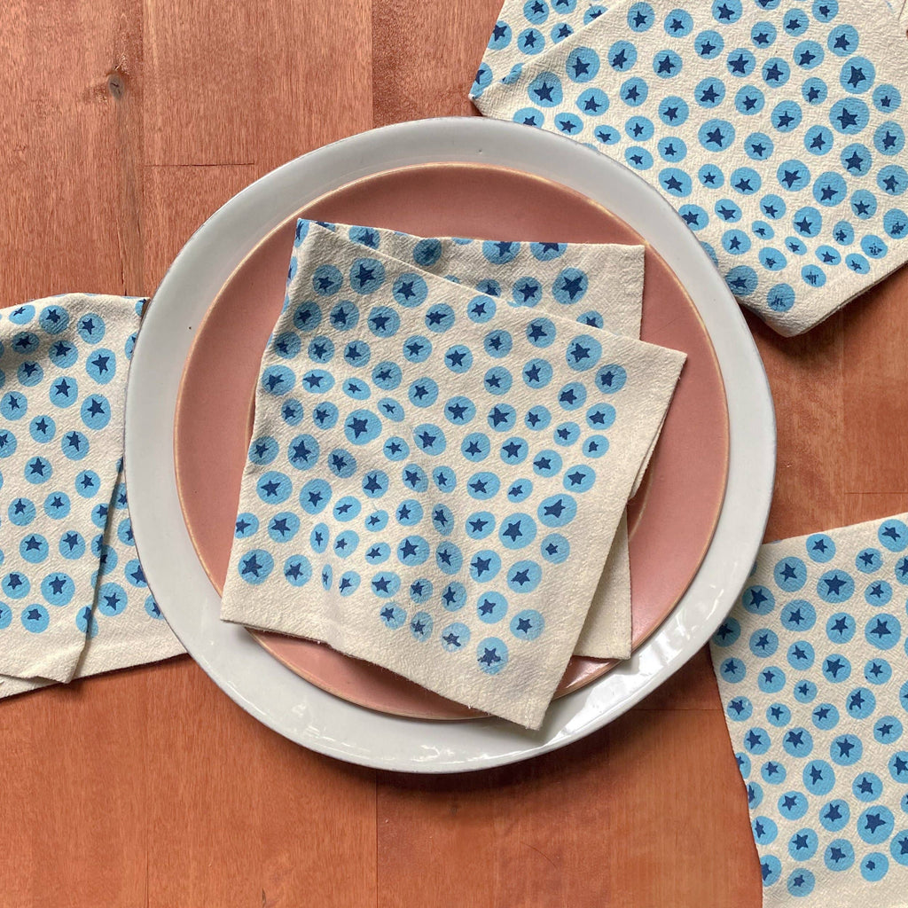 Blueberries Hand Printed Flour Sack Cotton Napkins, Set of 4