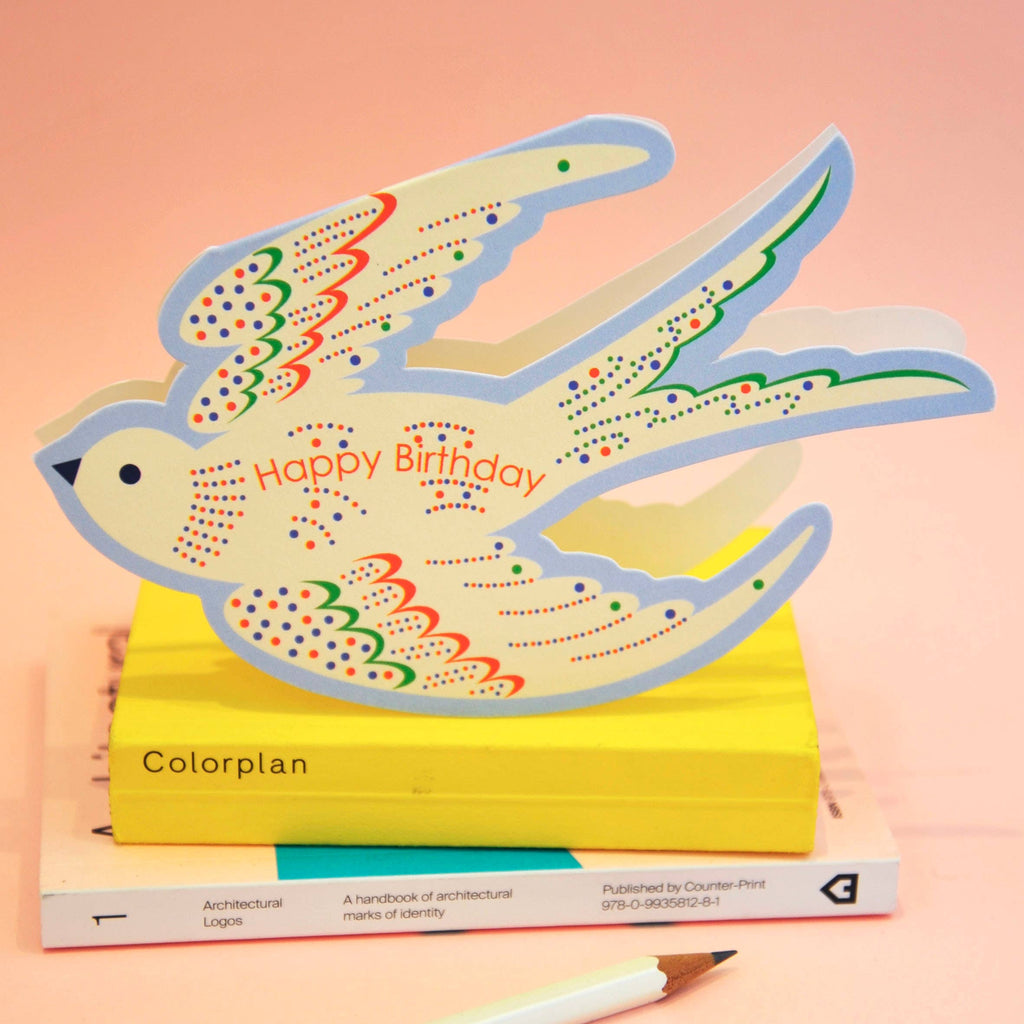 Whimsical Rocking Bird Happy Birthday - Blue Die Cut Card