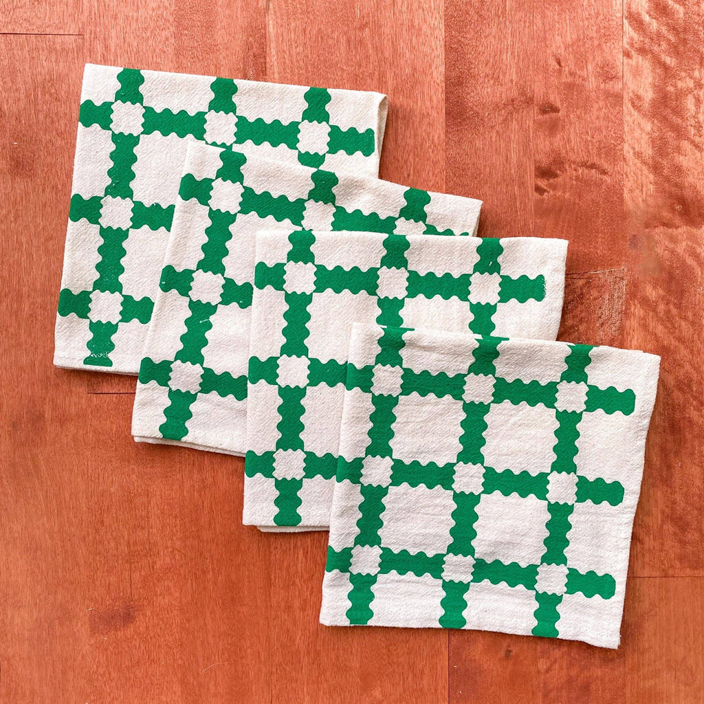 Green Party Time Plaid Hand Printed Cotton Napkins, Set of 4