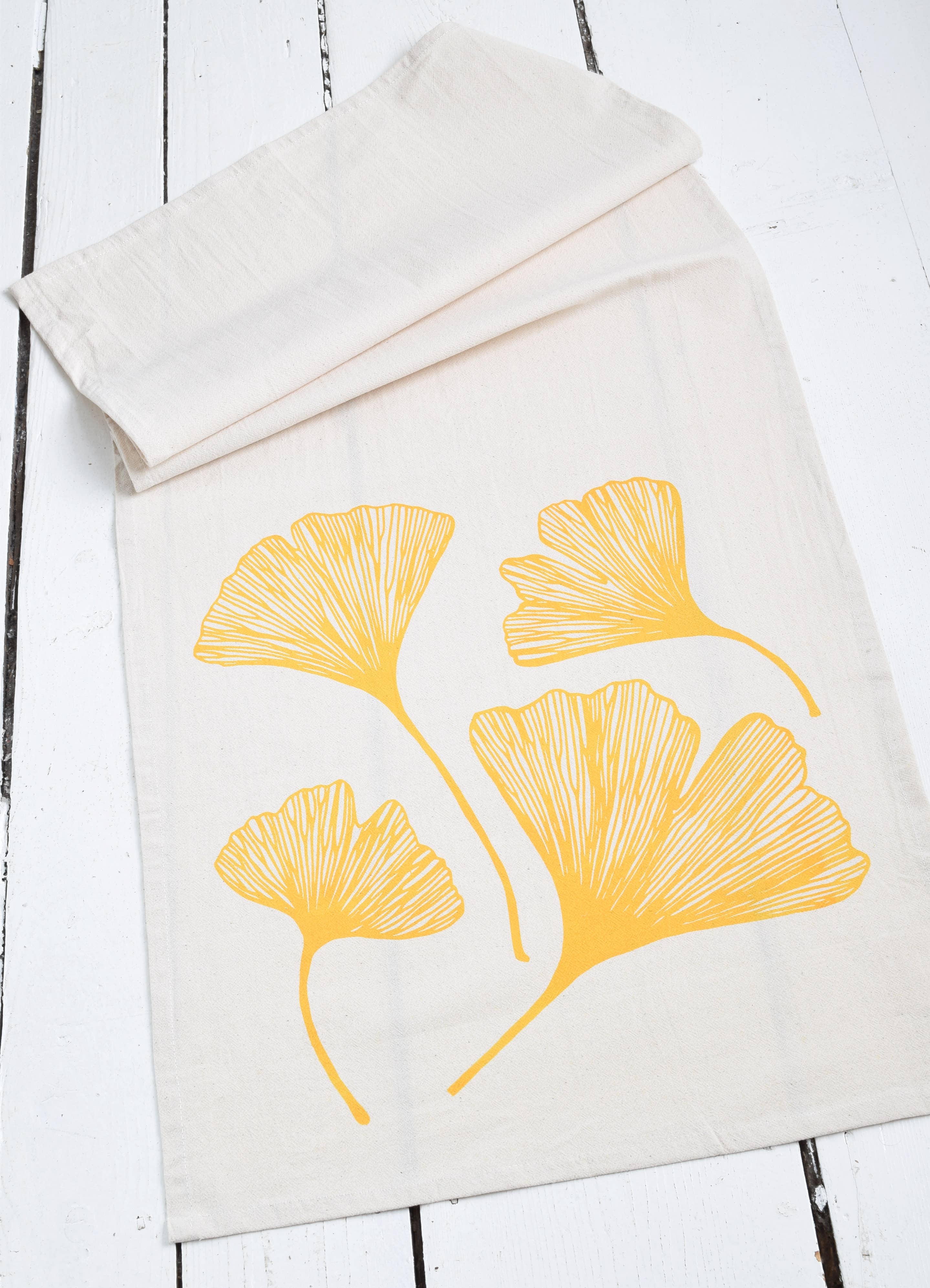 Ginkgo Leaf Tea Towel in Yellow - Organic Cotton - Natural