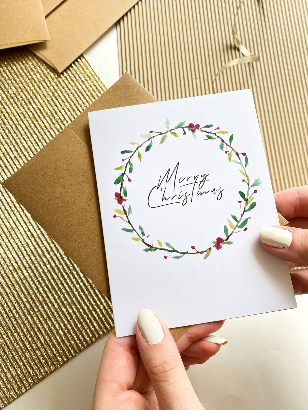 Merry Christmas Watercolor Wreath Holiday Card