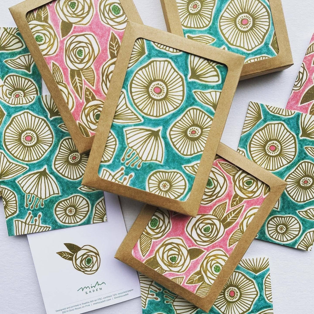 Gold Roses on Pink / Boxed Note Cards
