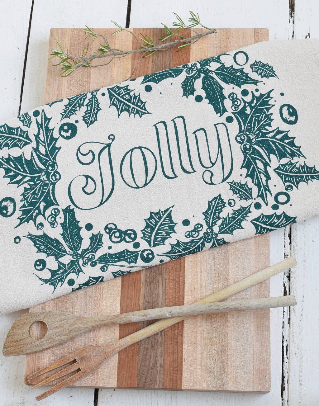 Holiday Tea Towel, Jolly in Dark Green, Organic Cotton