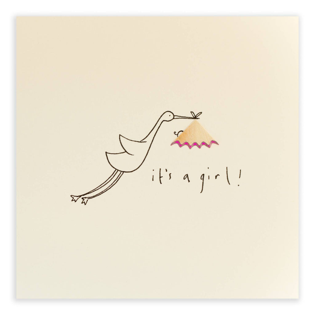 Baby Girl Stork Card – Handfinished Real Pencil Shavings