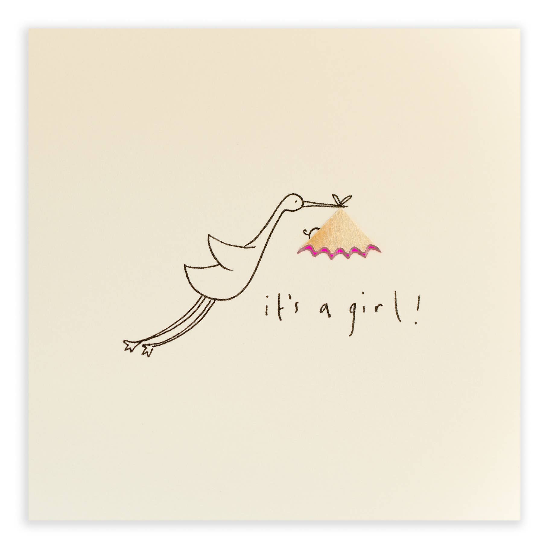 Baby Girl Stork Card – Handfinished Real Pencil Shavings