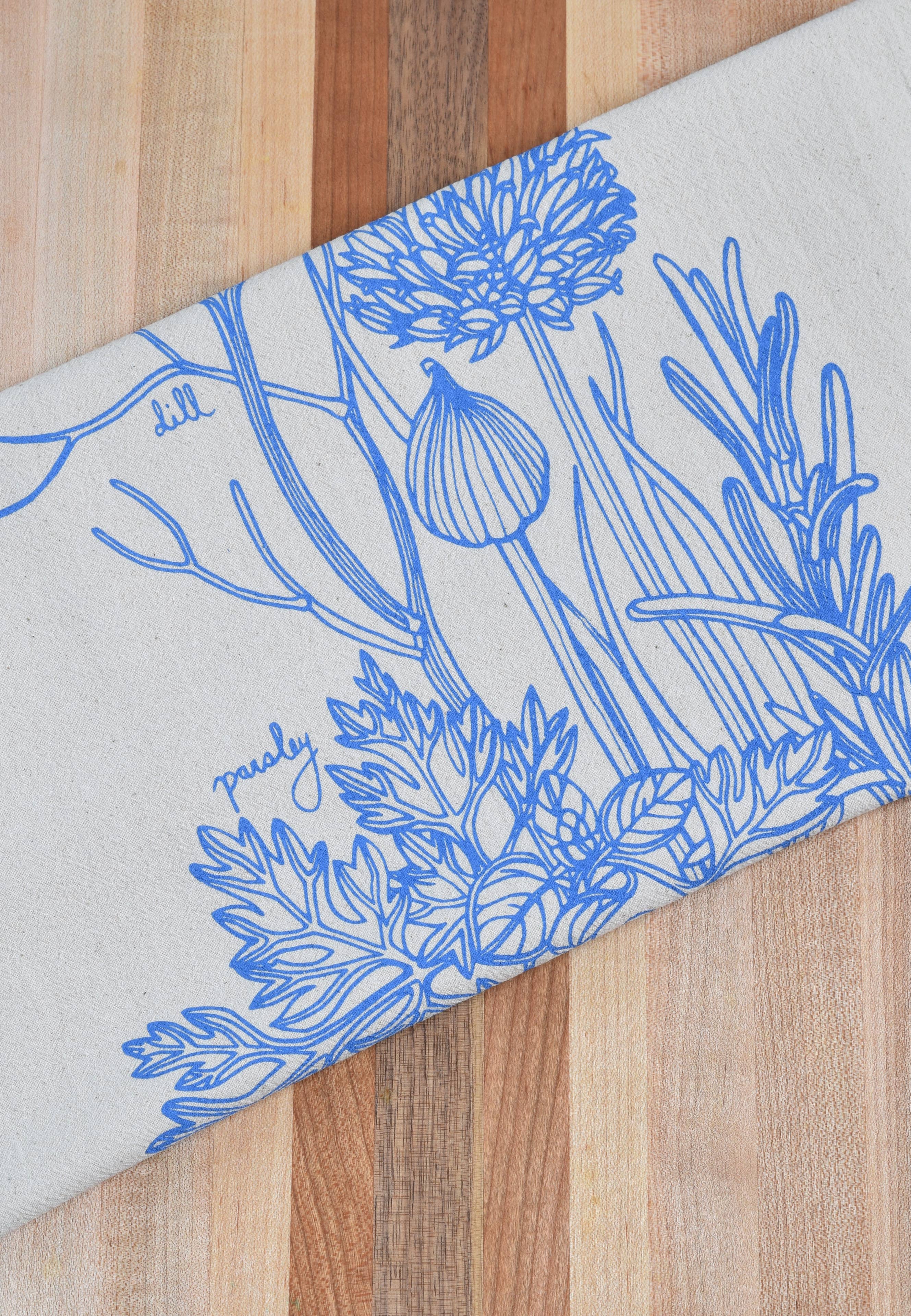 Kitchen Herbs Tea Towel in Blue-violet - Plant Print Cloth