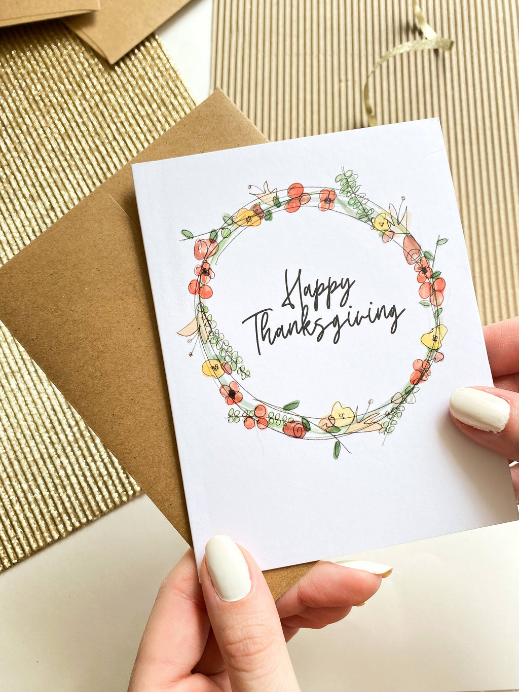 Happy Thanksgiving Watercolor Wreath Fall Greeting Card