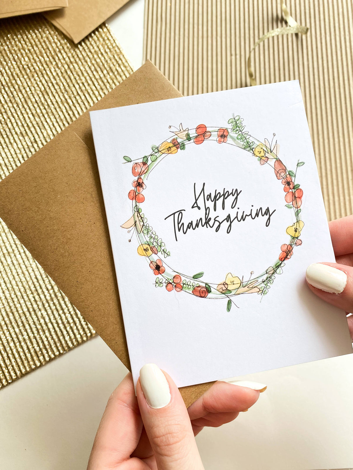 Happy Thanksgiving Watercolor Wreath Fall Greeting Card