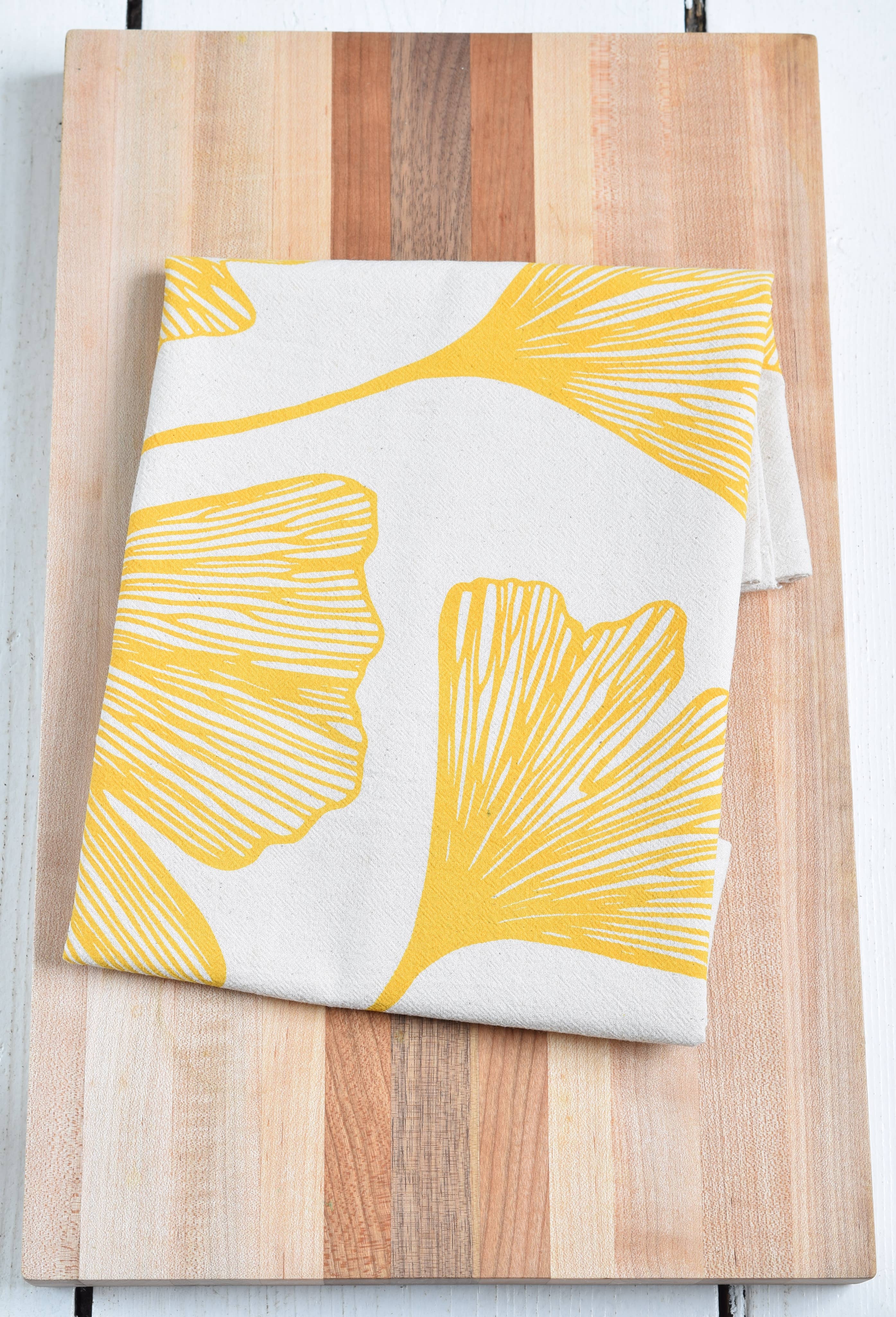Ginkgo Leaf Tea Towel in Yellow - Organic Cotton - Natural