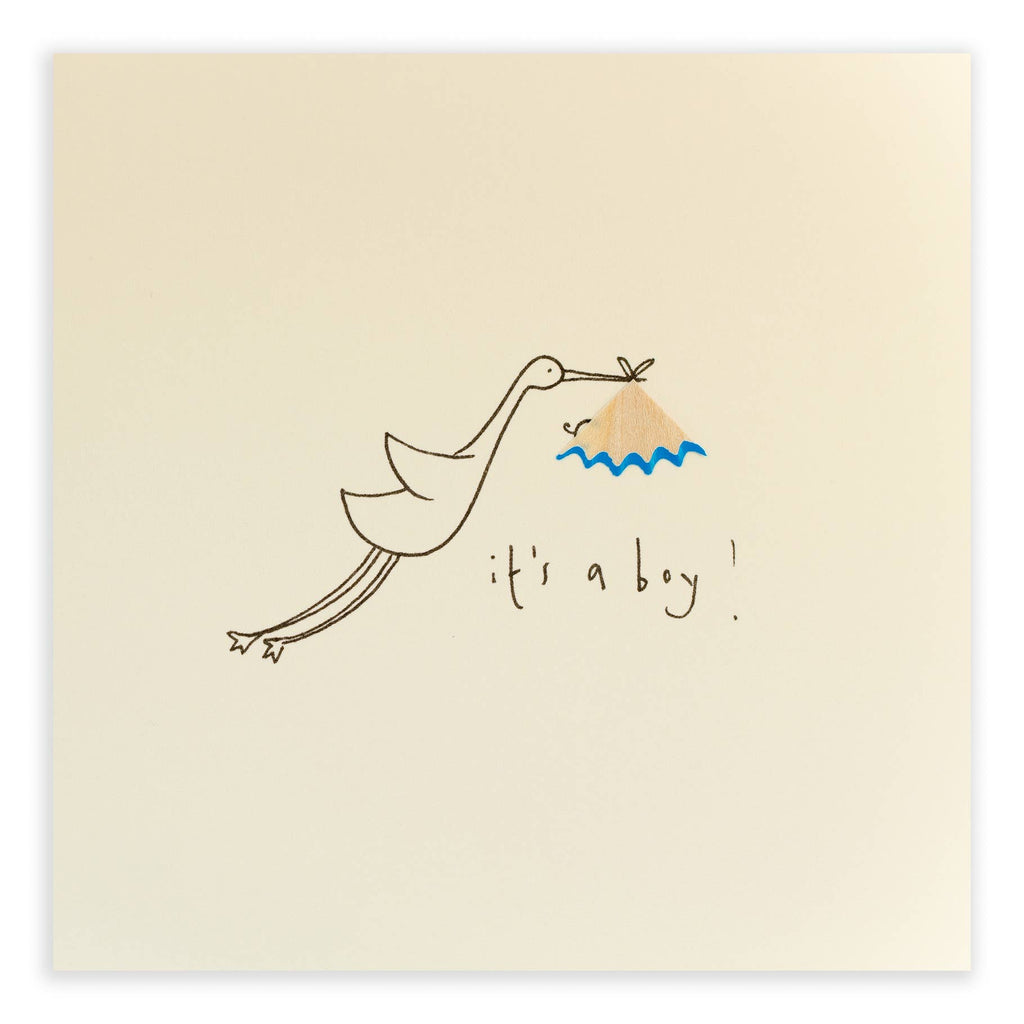 Baby Boy Stork Card – Handfinished UK Real Pencil Shavings