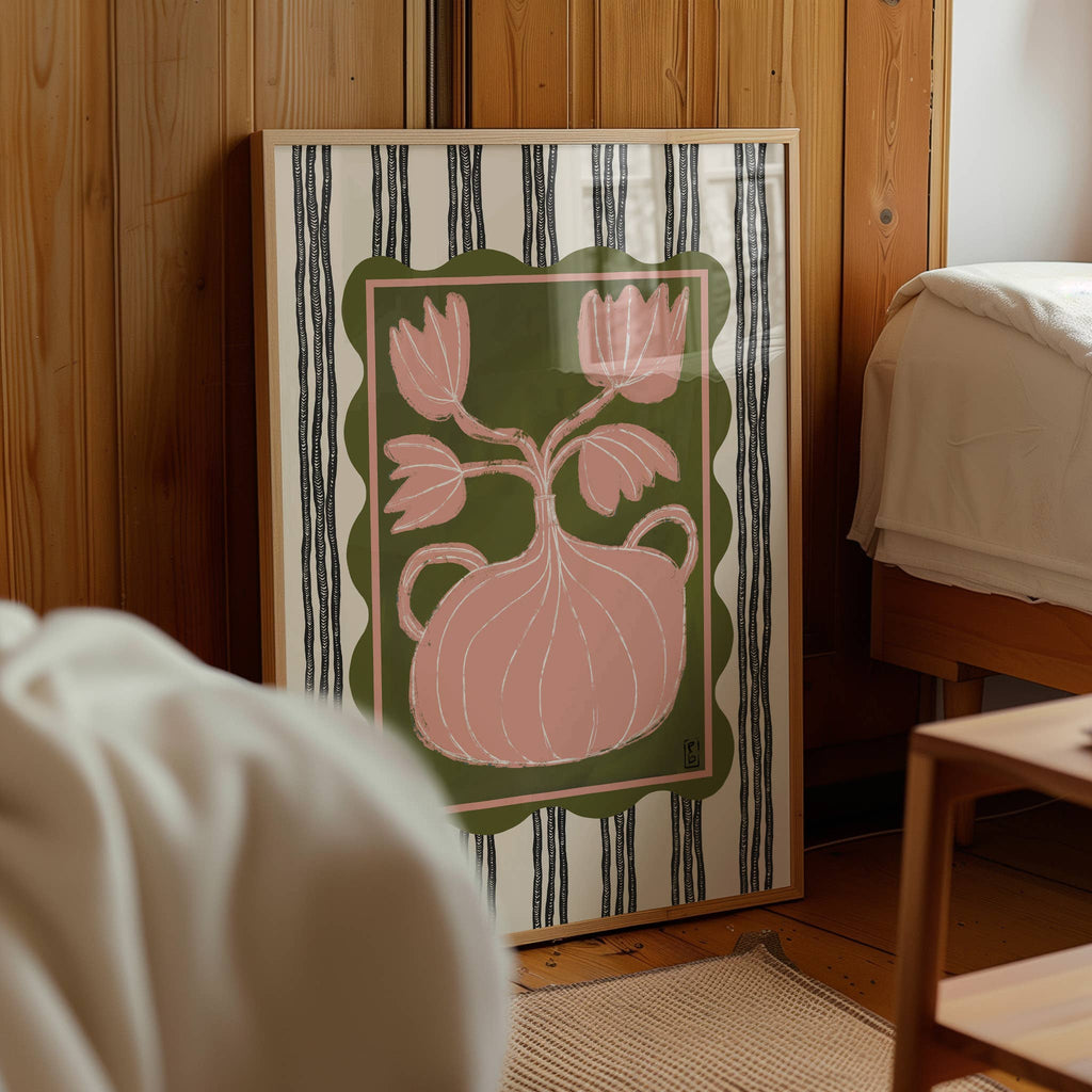 Striped Floral Still Life Art Print: Pink & Green Botanical