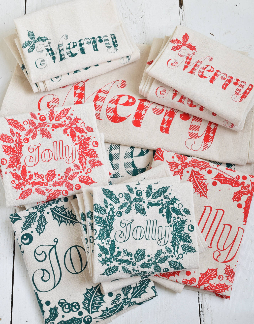 Holiday Tea Towel, Jolly in Dark Green, Organic Cotton